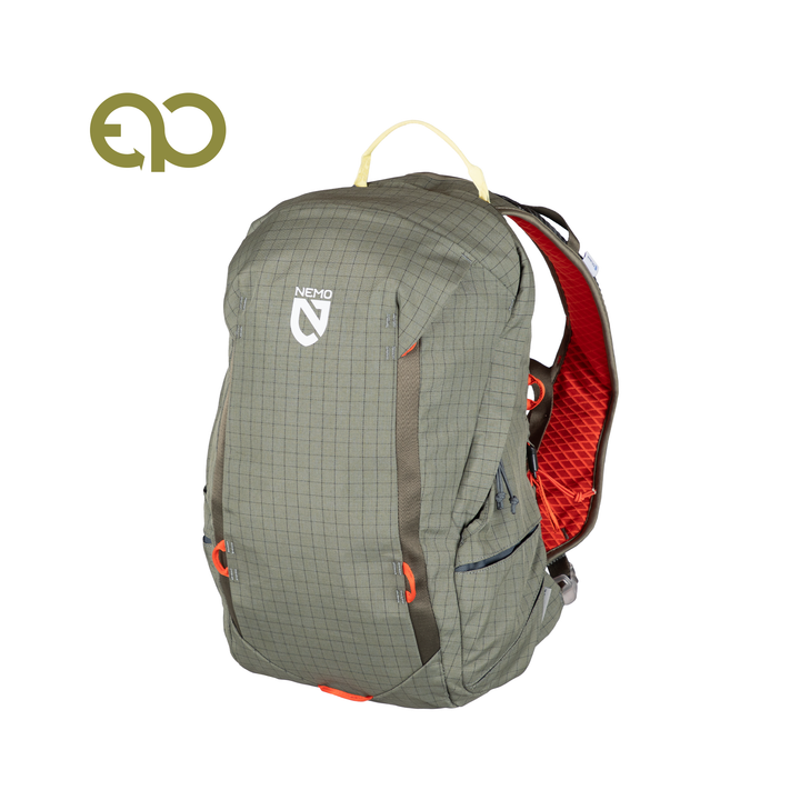 Olive green NEMO Equipment Resolve™ 15L Endless Promise® Technical Active Daypack with a grid pattern, orange accents, and white logo—made from NEMO-exclusive fabrics. Shown on white background with the NEMO brand symbol at top left.