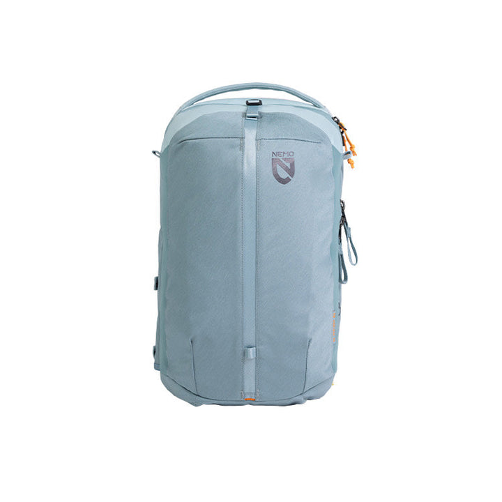 The NEMO Equipment Vantage™ 20L Endless Promise® Day Travel Backpack is a light blue, water-resistant pack with a top handle, front zipper, and logo—ideal as a durable recycled backpack for daily adventures.