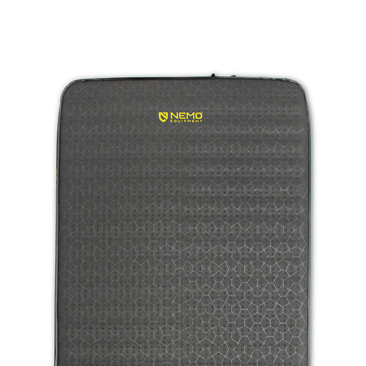 Rectangular dark gray Roamer™ Self-Inflating Mattress by NEMO Equipment, featuring a hexagonal pattern and a yellow "NEMO EQUIPMENT" logo near the top, displayed against a white background.