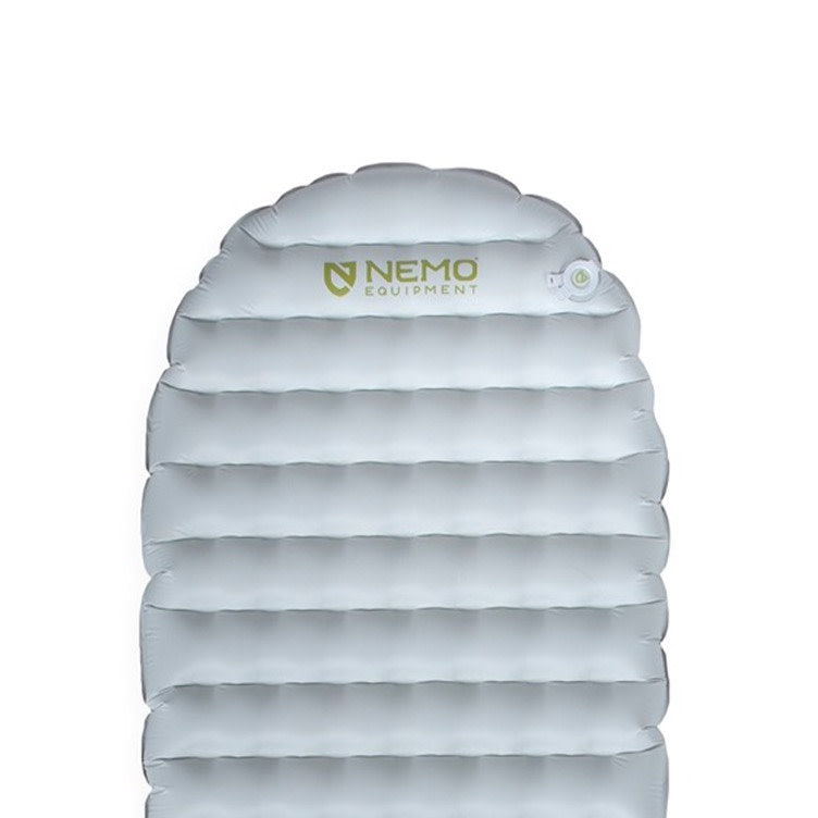 Top view of a gray NEMO Equipment Tensor™ Elite Ultralight Insulated Sleeping Pad with horizontal air chambers, "NEMO Equipment" logo, and a valve in the upper right corner.