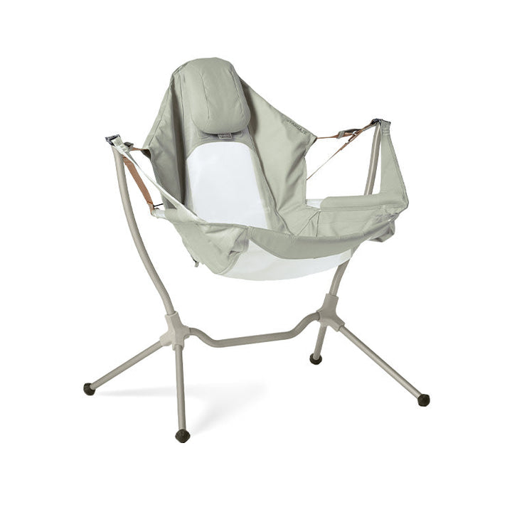 The NEMO Equipment Stargaze™ Reclining Camp Chair features a modern design with a light gray fabric seat, metal frame, supportive headrest, and four sturdy legs, pictured against a white background.