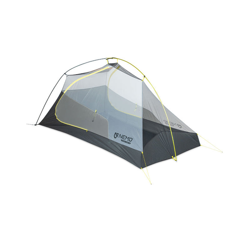 The NEMO Equipment Hornet OSMO™ Ultralight Backpacking Tent for two, in gray and yellow, has a single pole structure and mesh panels, shown set up on a white background.