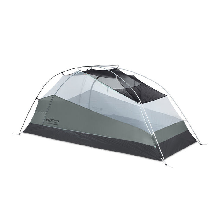 The NEMO Equipment Dragonfly™ Bikepack OSMO™ Ultralight Backpacking Tent is a freestanding two-person tent with a mesh canopy and gray base, shown without the rainfly.