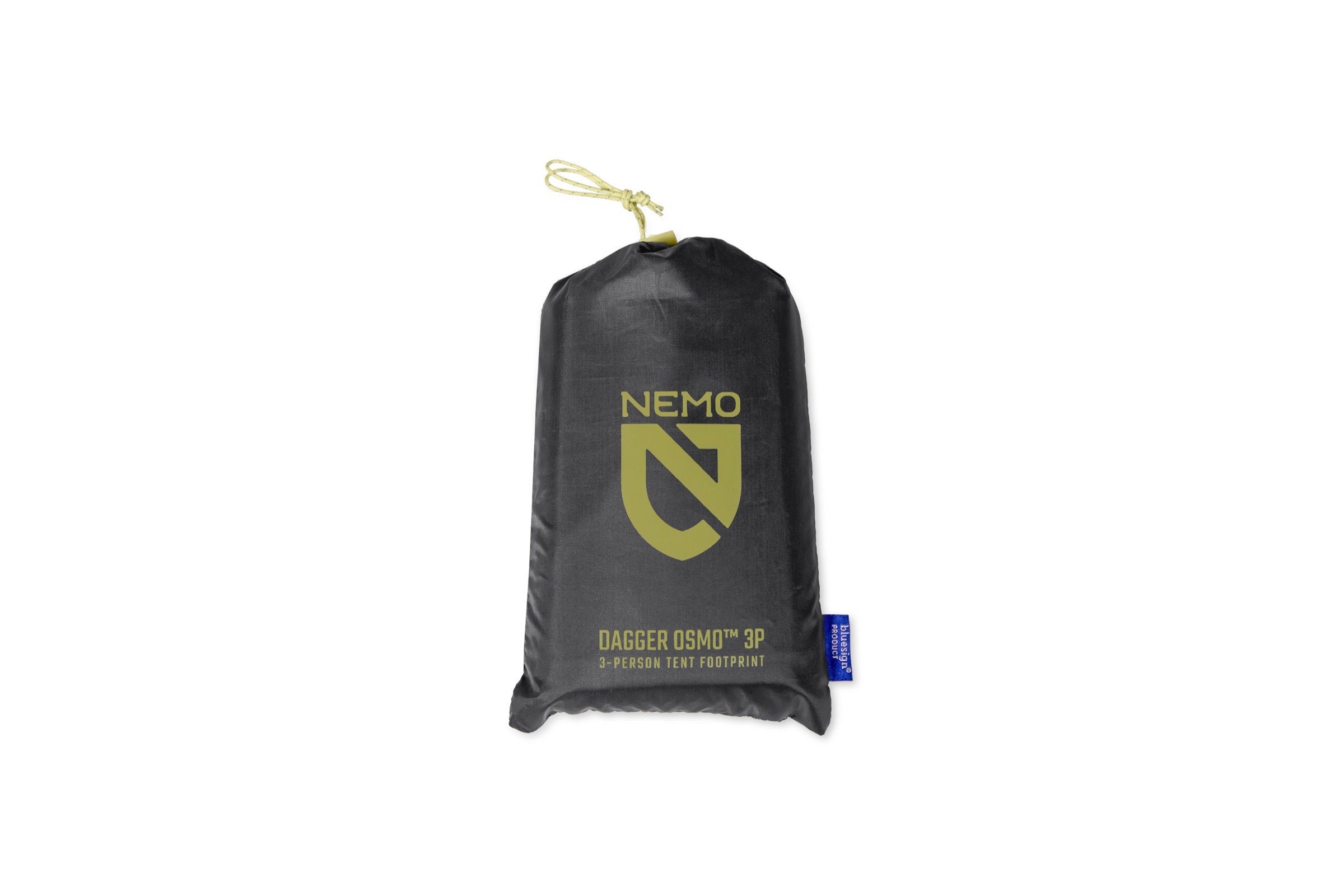 Black drawstring pouch featuring the yellow NEMO Equipment logo and "Dagger OSMO™ Footprint" text, made from waterproof, abrasion-resistant material to protect your tent footprint.