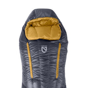 A gray and mustard yellow Disco™ Men's Endless Promise® Down Sleeping Bag by NEMO Equipment, featuring a built-in pillow, Thermo Gill vents for adjustable warmth, and designed for backpacking comfort.