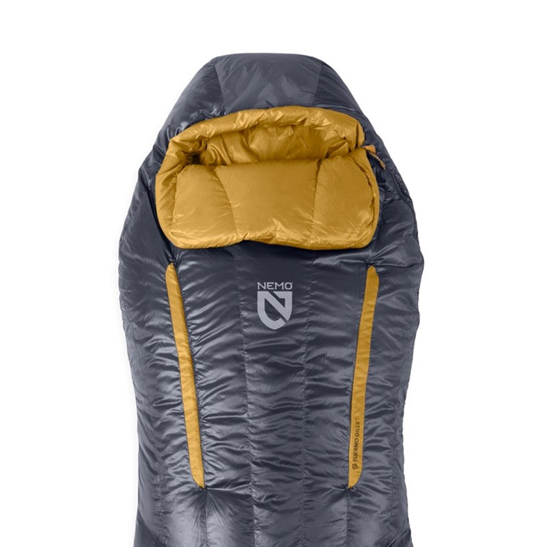 A NEMO Equipment Disco™ Men's Endless Promise® Down Sleeping Bag in gray and yellow, featuring a built-in insulated pillow and Thermo Gill vents, is shown from above.