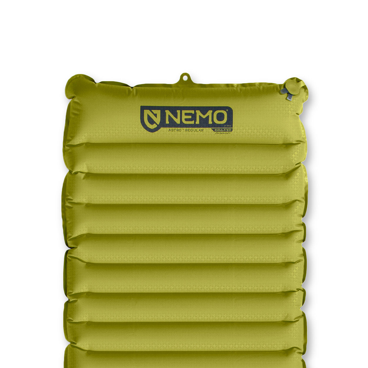 The NEMO Equipment Astro™ Insulated Lightweight Sleeping Pad is green, features horizontal air chambers, and has the NEMO logo near the top. It's made from recycled polyester for enhanced durability.