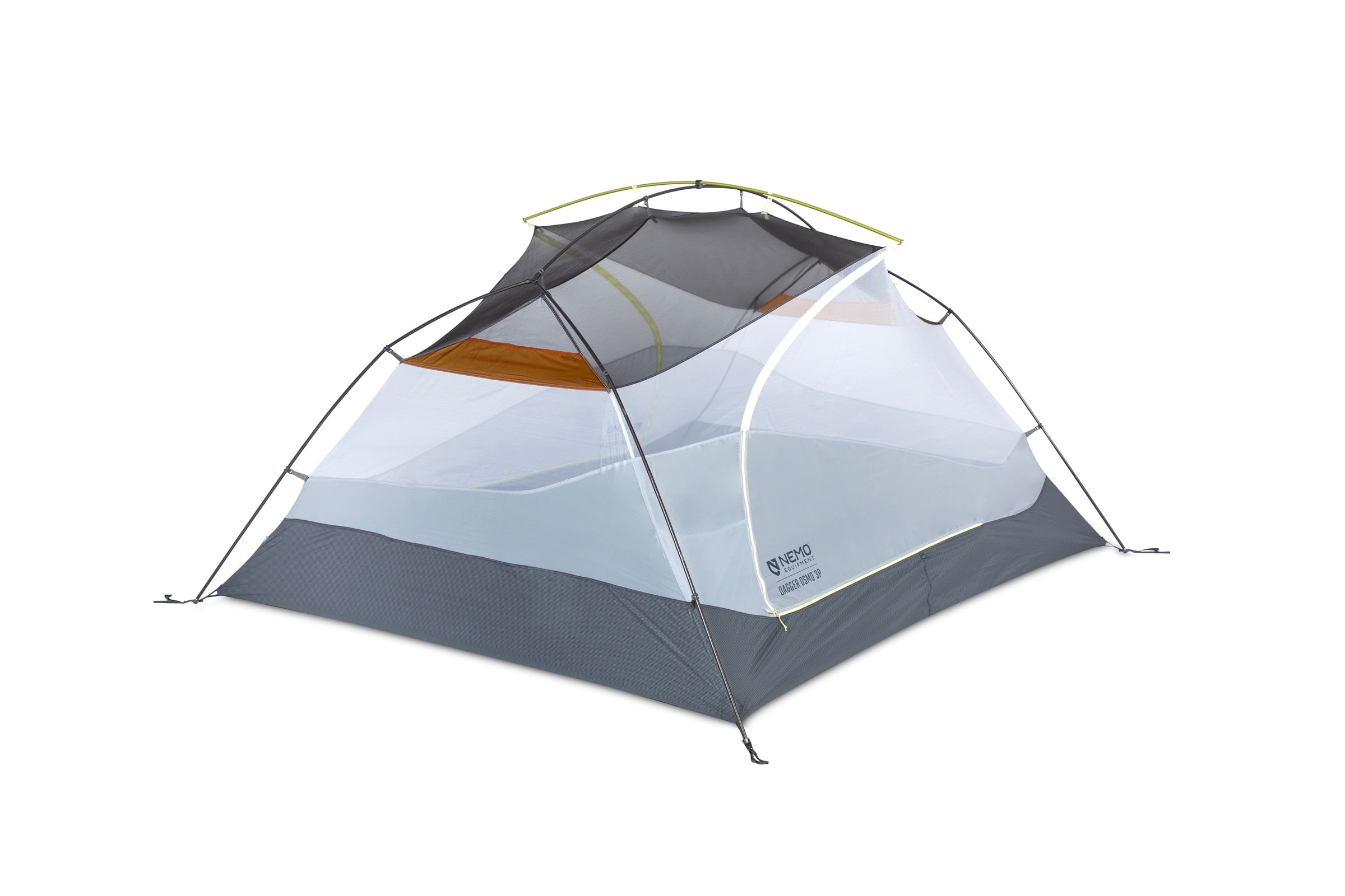 The NEMO Equipment Dagger OSMO™ Lightweight Backpacking Tent features a gray and white design, freestanding pole support, partial mesh canopy for ventilation, and is made with durable OSMO fabric.