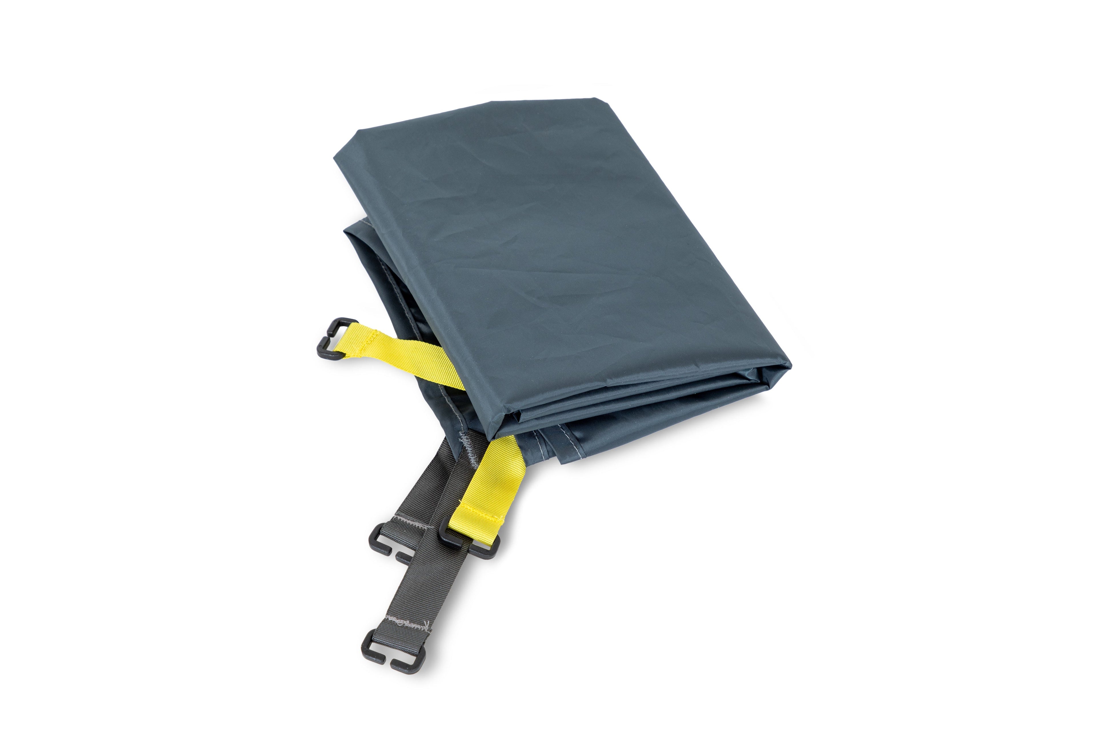 The NEMO Equipment Dragonfly OSMO™ Footprint, a folded dark gray waterproof fabric with attached yellow and gray straps and plastic buckles, is displayed on a white background.