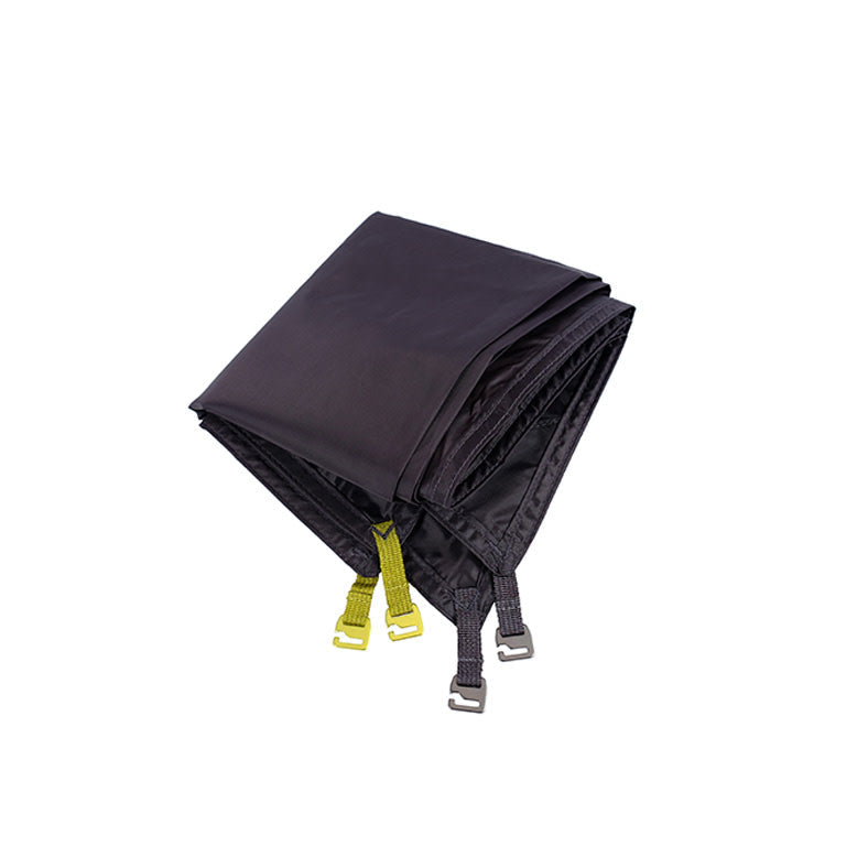 The NEMO Equipment Dragonfly OSMO™ Footprint, made from recycled polyester with yellow and black straps and metal buckles, is an abrasion-resistant tent floor protector shown folded on a white background.