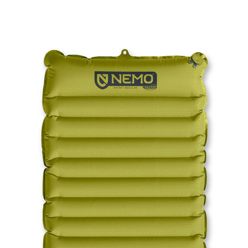 A top view of the NEMO Equipment Astro™ Insulated Lightweight Sleeping Pad, made from recycled polyester with horizontal air chambers for pillow support and the NEMO logo printed on it.