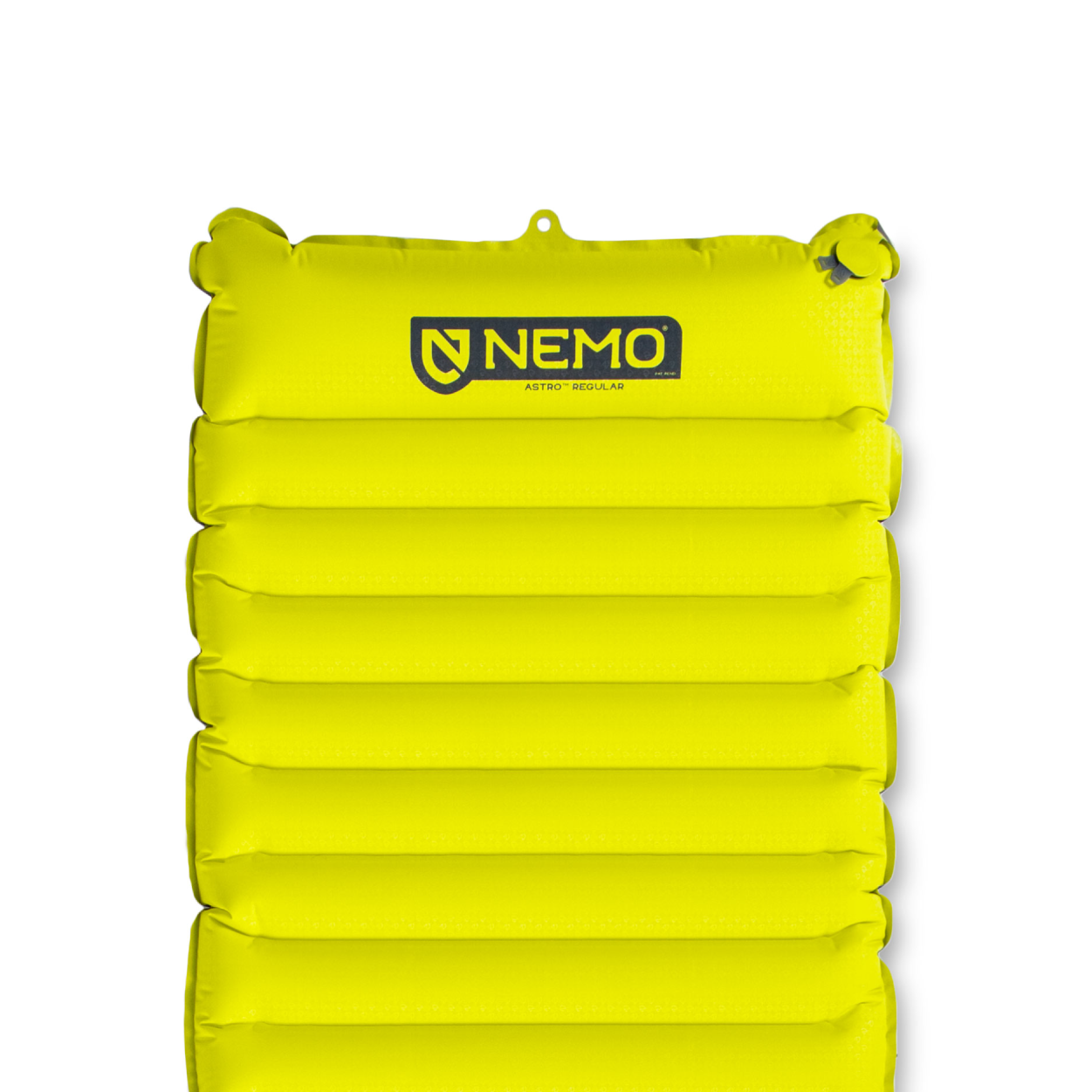 The NEMO Equipment Astro™ Non-Insulated Lightweight Sleeping Pad features a bright yellow design with horizontal air chambers and the NEMO logo near the top—a perfect choice for camping comfort.