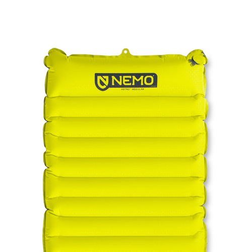 The NEMO Equipment Astro™ Non-Insulated Lightweight Sleeping Pad features a bright yellow design with horizontal air chambers and the NEMO logo near the top—a perfect choice for camping comfort.