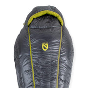 A gray and green Coda™ Endless Promise® Down Mummy Sleeping Bag from NEMO Equipment, featuring a hood and the NEMO logo on the front, is laid flat on a white background.