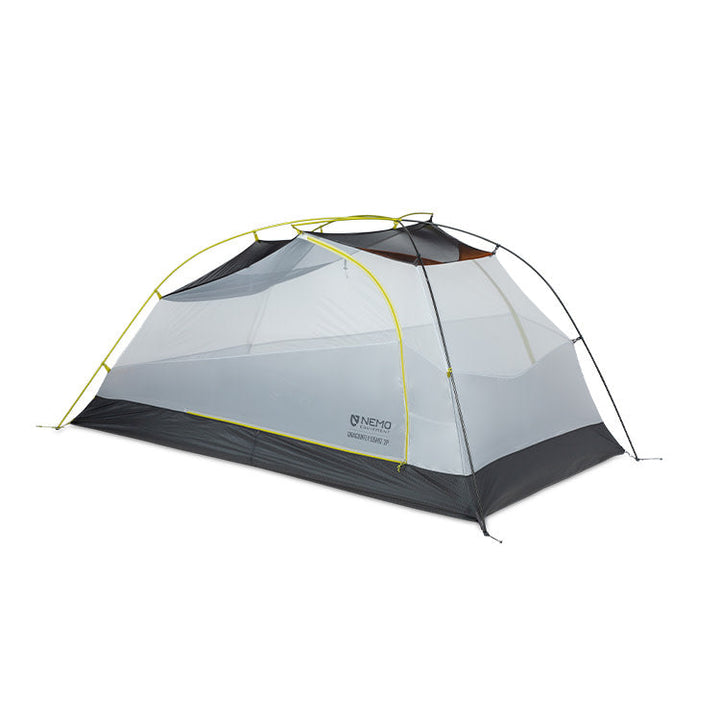 The NEMO Equipment Dragonfly OSMO™ Ultralight Backpacking Tent is a lightweight, freestanding two-person tent with a gray/black base, yellow recycled aluminum poles, breathable mesh, and the NEMO logo printed on the side for easy setup.