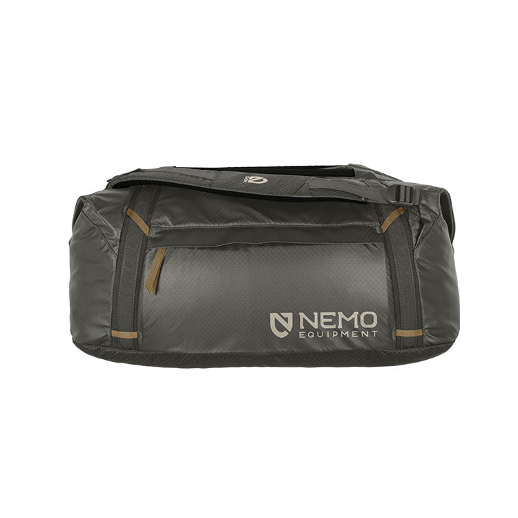 The Double Haul™ 70L by NEMO Equipment is a gray duffel and tote in one, with black accents and a front logo, made from durable recycled nylon—your versatile travel carry-all.