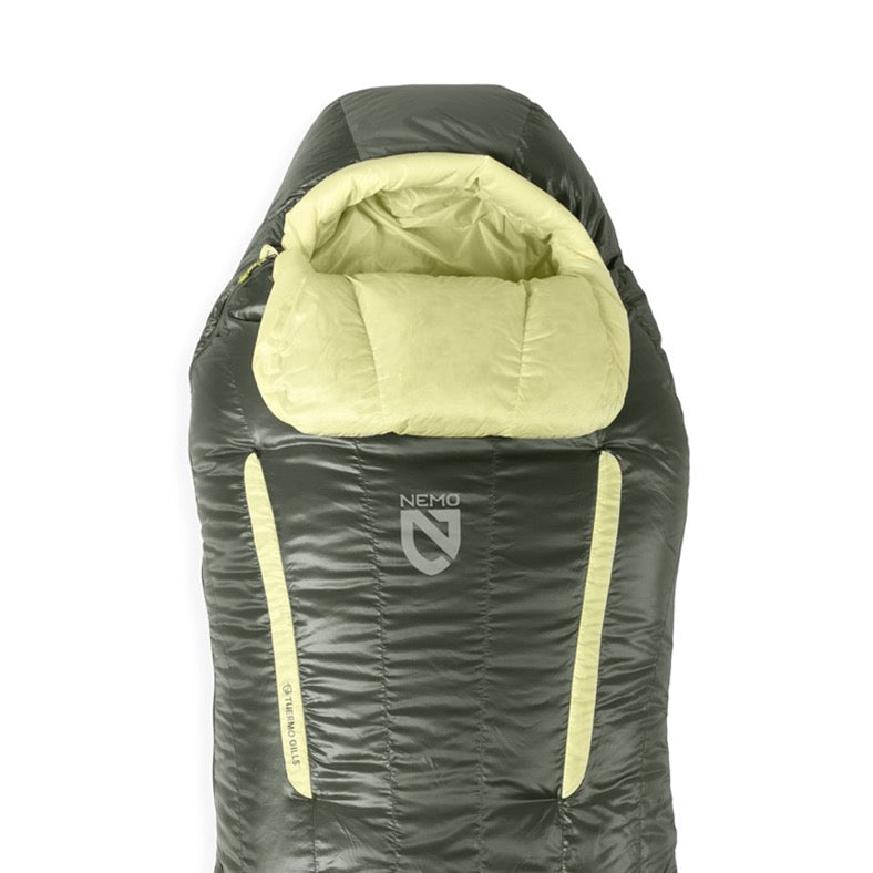 The NEMO Equipment Disco™ Women's Endless Promise® Down Sleeping Bag is a dark green and light yellow mummy-style bag with hood, featuring the NEMO logo—ideal for lightweight camping gear setups.