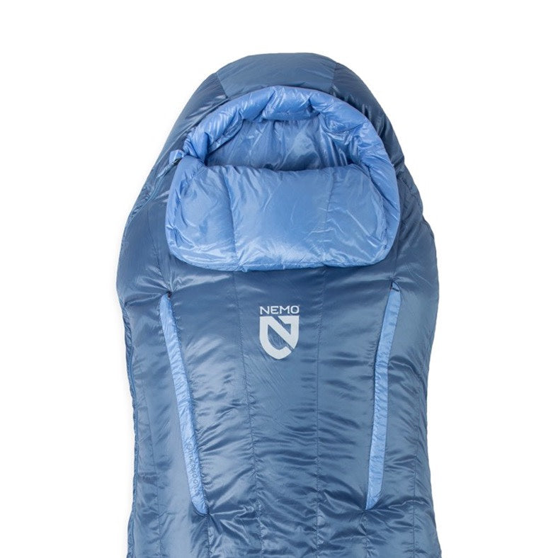 A NEMO Equipment Disco™ Women's Endless Promise® Down Sleeping Bag, featuring a hood and pillow section, is displayed from above on a white background.