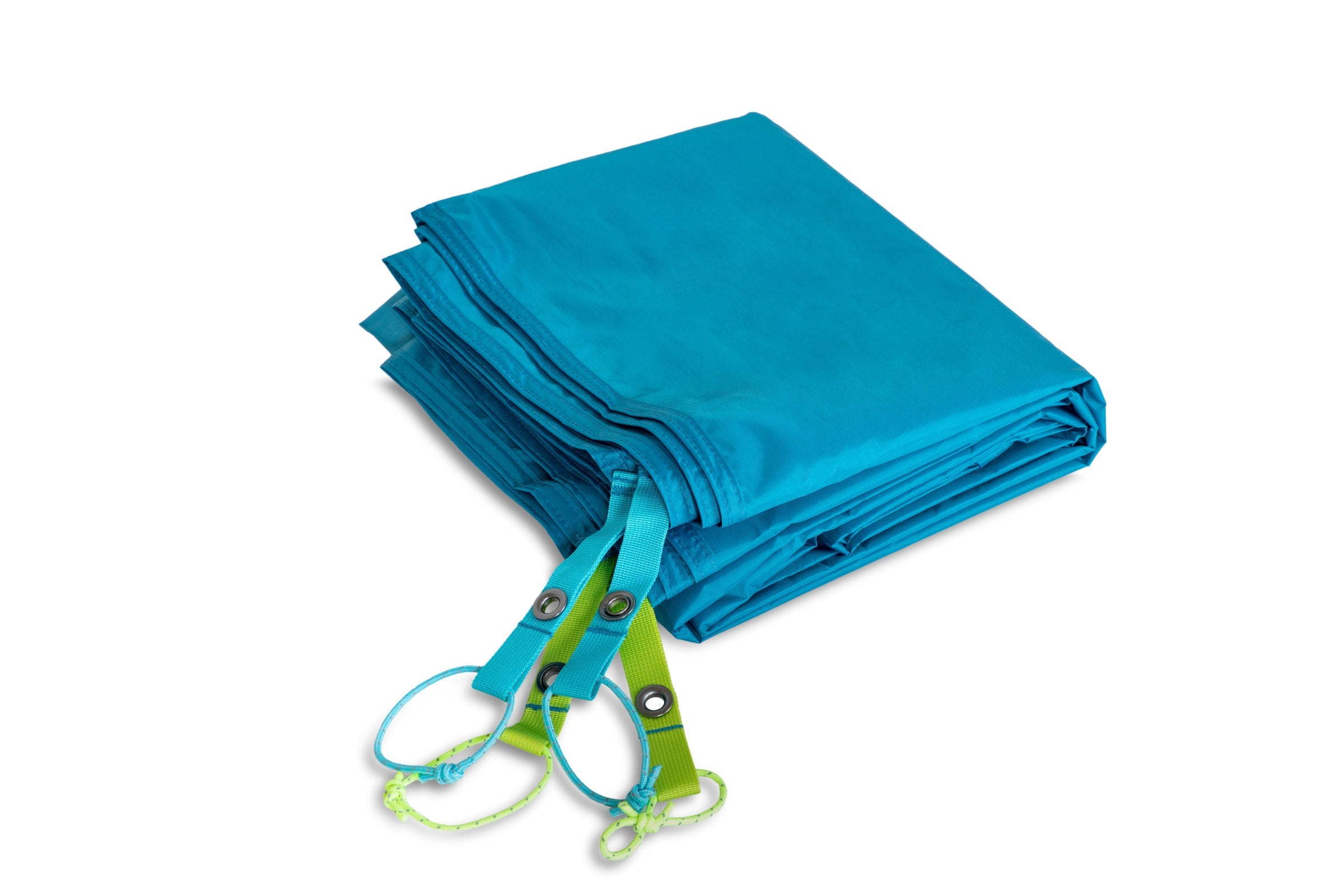 The NEMO Equipment Aurora Highrise™ Footprint, a blue waterproof tarp with green straps and metal grommets for tent floor protection, is shown on a white background.