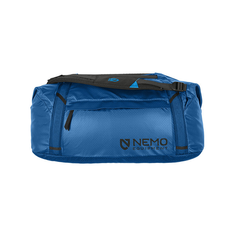 The Double Haul™ 70L Dual-Purpose Duffel & Tote by NEMO Equipment is a blue bag with black accents, zippered front pocket, carrying handles, and side logo, crafted from water-resistant recycled nylon.