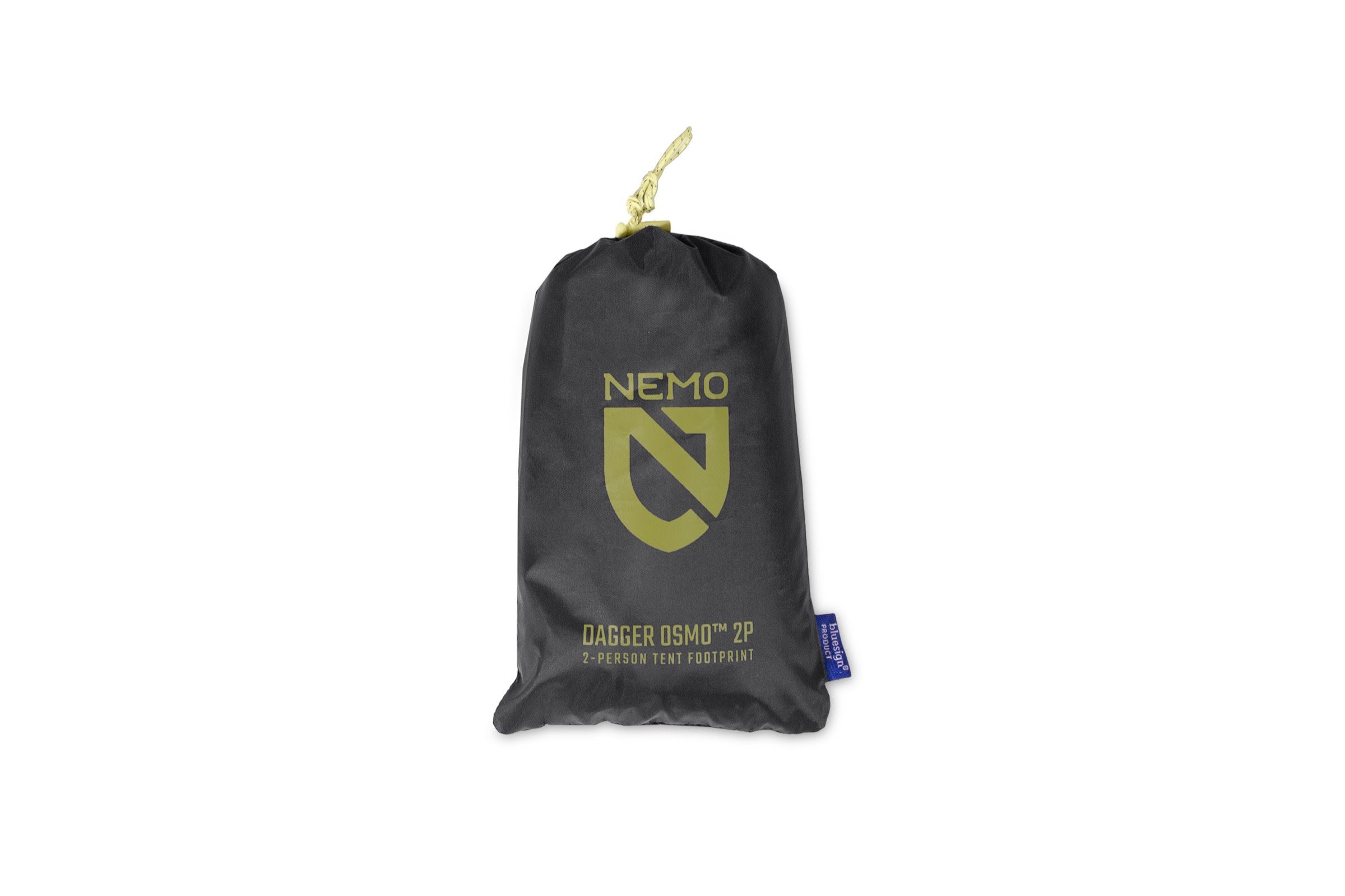 Black, abrasion-resistant drawstring bag featuring the NEMO Equipment logo and "Dagger OSMO™ Footprint" text printed in yellow on the front.