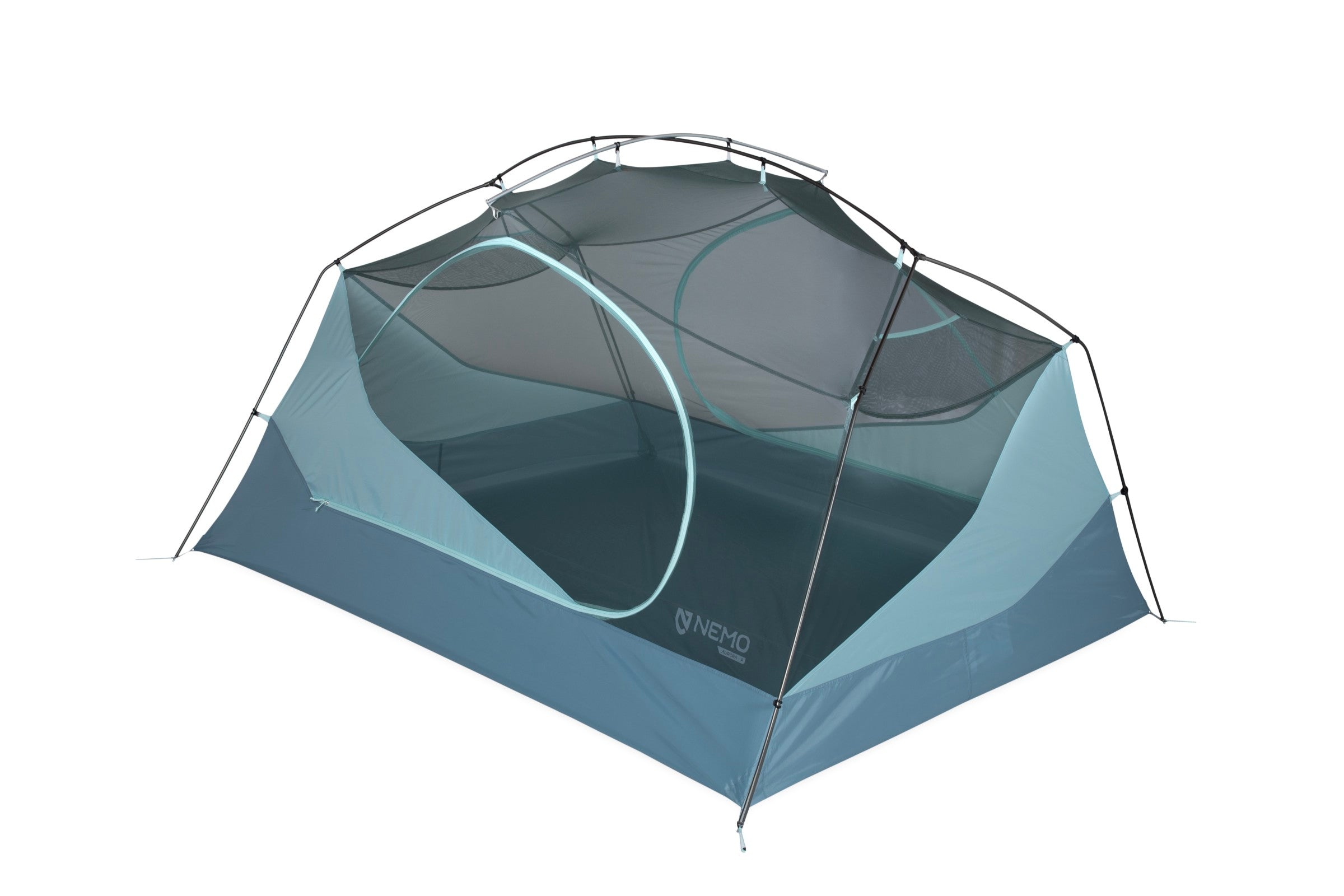 The NEMO Equipment Aurora™ Backpacking Tent & Footprint is a blue and grey, two-person dome tent with mesh sides for ventilation—shown without the rainfly—making it a sustainable choice for your next outdoor adventure.