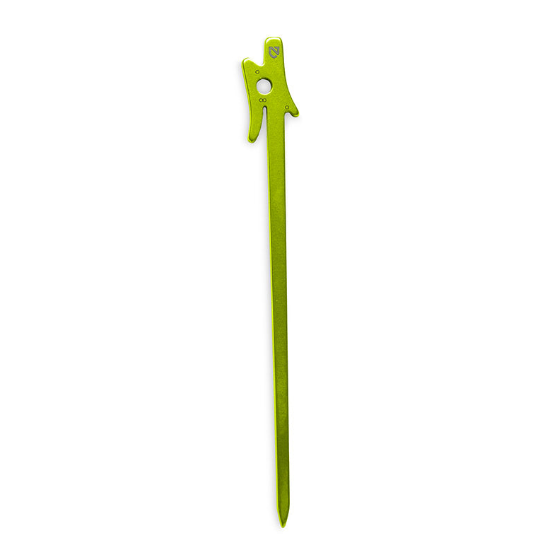 The NEMO Equipment Airpin™ Ultralight Stake, shown on a white background, is made from 7075 aluminum and features a unique top design with a hole near the top.