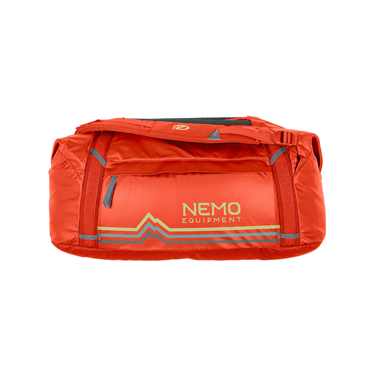 The Double Haul™ 70L Dual-Purpose Duffel & Tote by NEMO Equipment is a bright orange bag with logo and mountain graphic, crafted from recycled nylon. It has sturdy handles and a zippered front pocket—perfect as a spacious travel carry-all.