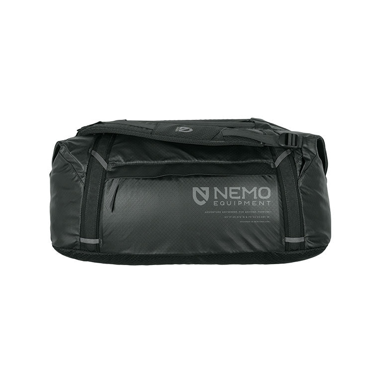 The Double Haul™ 70L Dual-Purpose Duffel & Tote by NEMO Equipment is a black bag with front branding, handles, and zipper pockets—ideal as a travel carry-all.