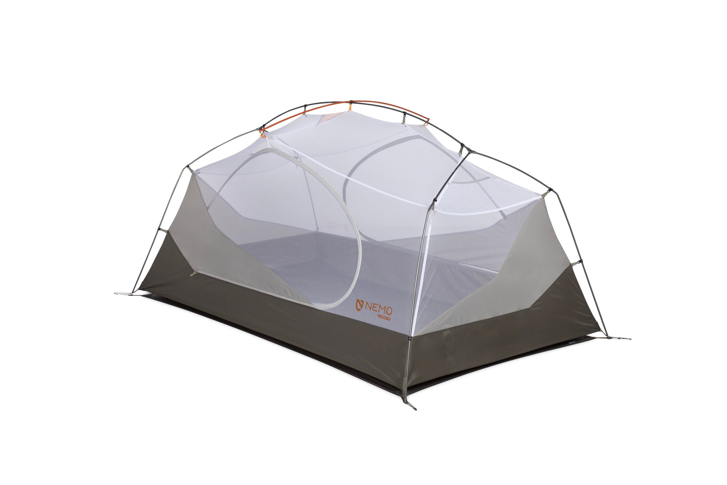 The NEMO Equipment Aurora™ Backpacking Tent & Footprint is a lightweight two-person tent with mesh upper panels and a gray rainfly over the lower section, shown pitched on a white background.